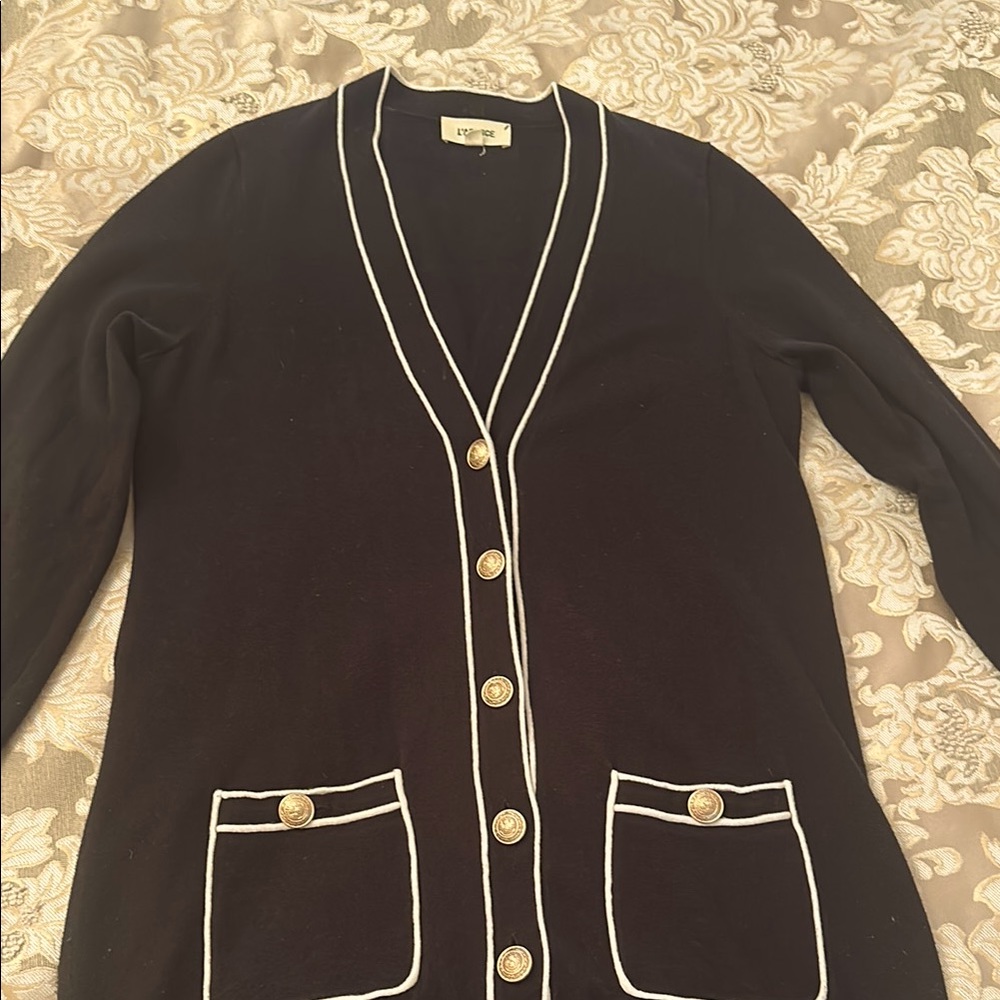 Black Cardigan Sweater with White Trim